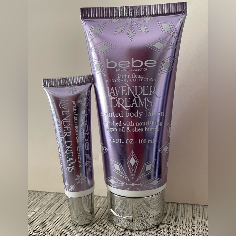 bebe Lavender Dreams Body Lotion & Lip Gloss Set- Purple Metallic Tube